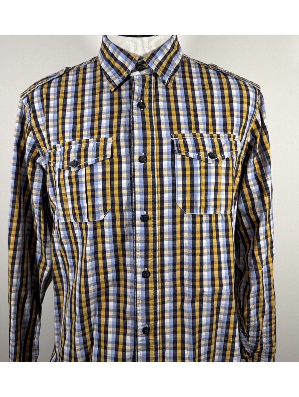 Men’s Paper Denim & Cloth Bottom Down Shirt Size Medium Blue &Yellow 100% Cotton